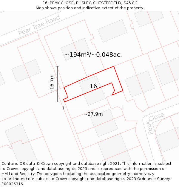 16, PEAK CLOSE, PILSLEY, CHESTERFIELD, S45 8JF: Plot and title map