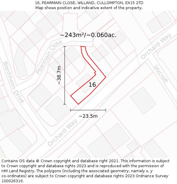 16, PEARMAIN CLOSE, WILLAND, CULLOMPTON, EX15 2TD: Plot and title map