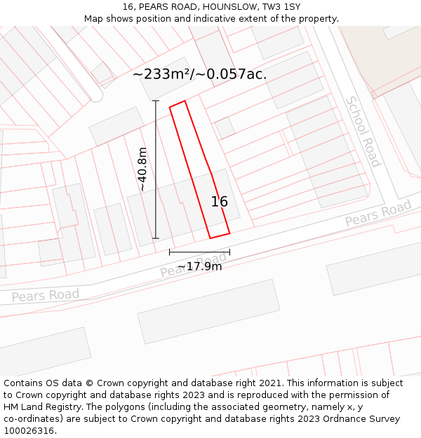 16, PEARS ROAD, HOUNSLOW, TW3 1SY: Plot and title map