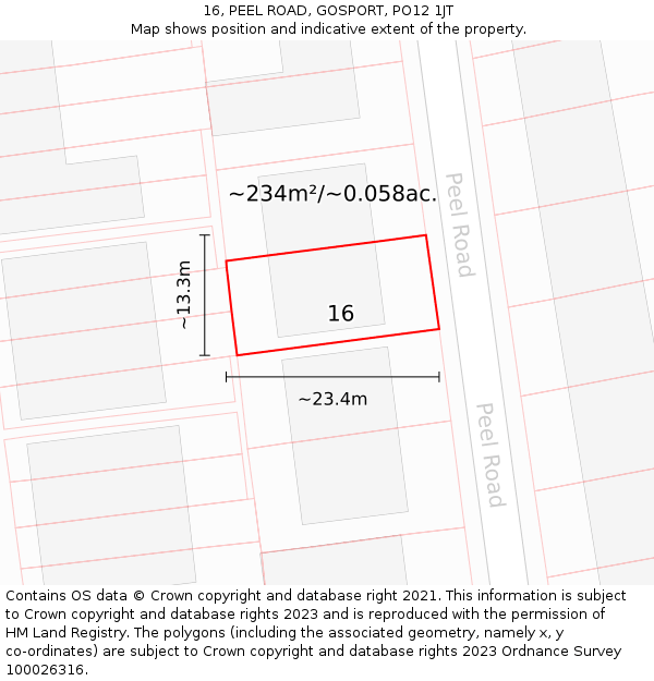 16, PEEL ROAD, GOSPORT, PO12 1JT: Plot and title map