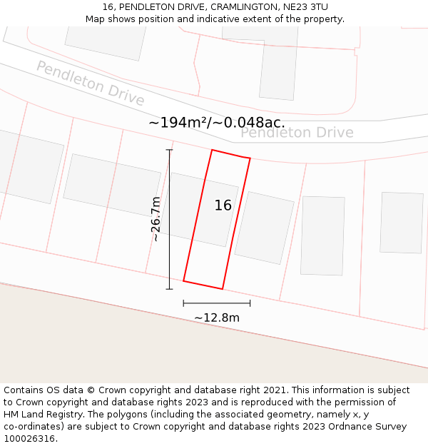 16, PENDLETON DRIVE, CRAMLINGTON, NE23 3TU: Plot and title map