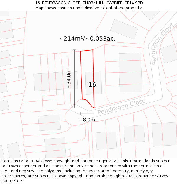 16, PENDRAGON CLOSE, THORNHILL, CARDIFF, CF14 9BD: Plot and title map