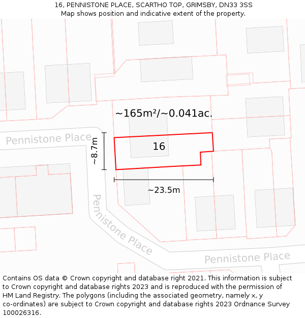 16, PENNISTONE PLACE, SCARTHO TOP, GRIMSBY, DN33 3SS: Plot and title map