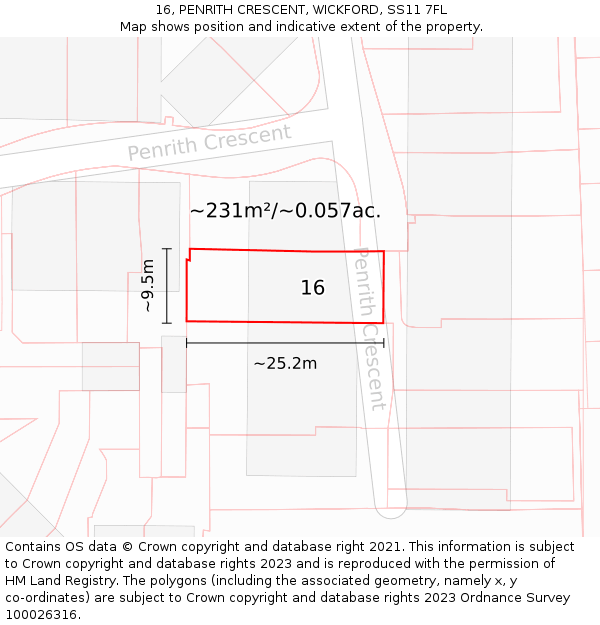 16, PENRITH CRESCENT, WICKFORD, SS11 7FL: Plot and title map