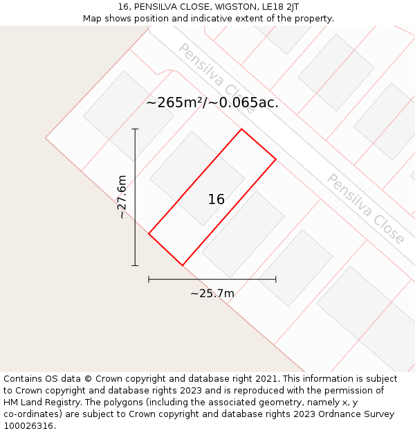 16, PENSILVA CLOSE, WIGSTON, LE18 2JT: Plot and title map