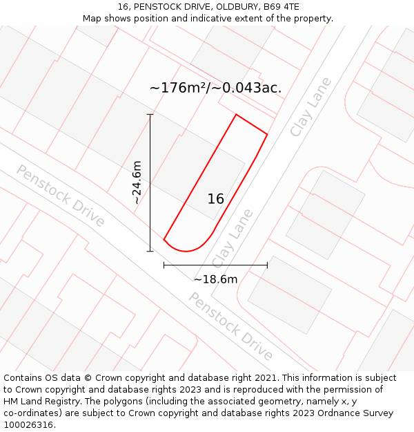 16, PENSTOCK DRIVE, OLDBURY, B69 4TE: Plot and title map
