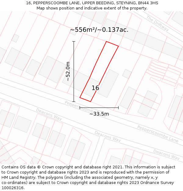 16, PEPPERSCOOMBE LANE, UPPER BEEDING, STEYNING, BN44 3HS: Plot and title map