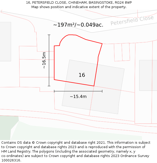 16, PETERSFIELD CLOSE, CHINEHAM, BASINGSTOKE, RG24 8WP: Plot and title map