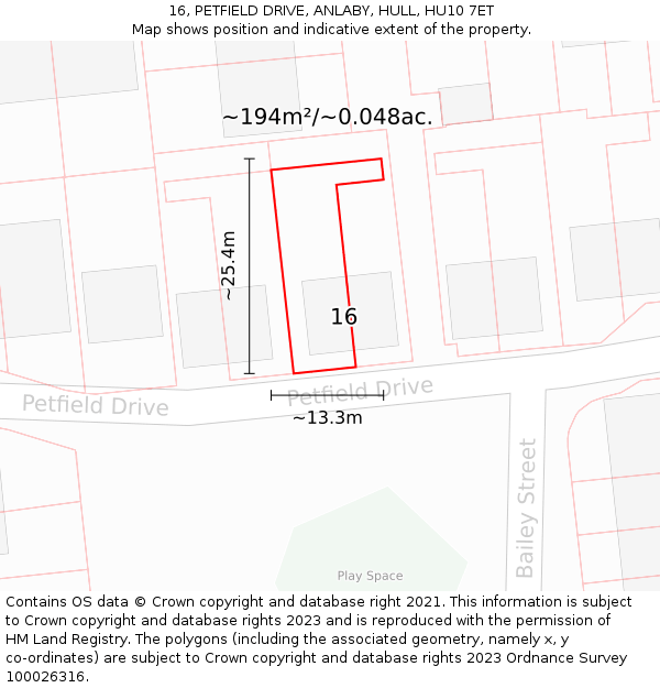 16, PETFIELD DRIVE, ANLABY, HULL, HU10 7ET: Plot and title map