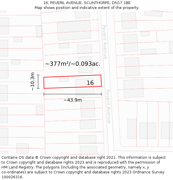 16, PEVERIL AVENUE, SCUNTHORPE, DN17 1BE: Plot and title map