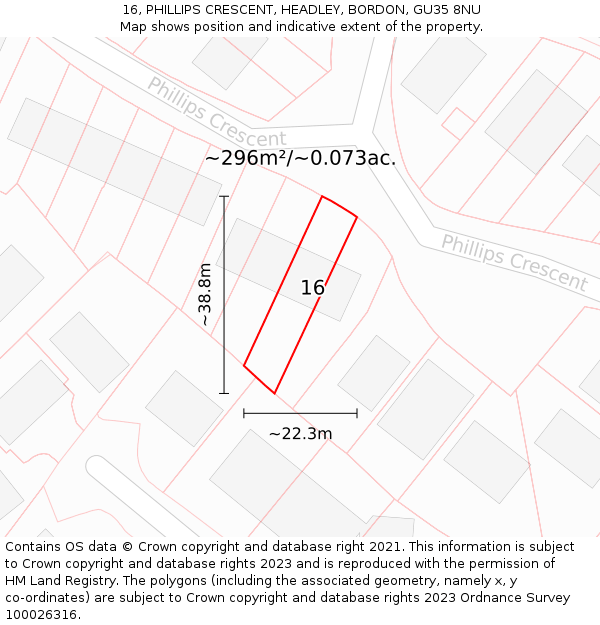 16, PHILLIPS CRESCENT, HEADLEY, BORDON, GU35 8NU: Plot and title map