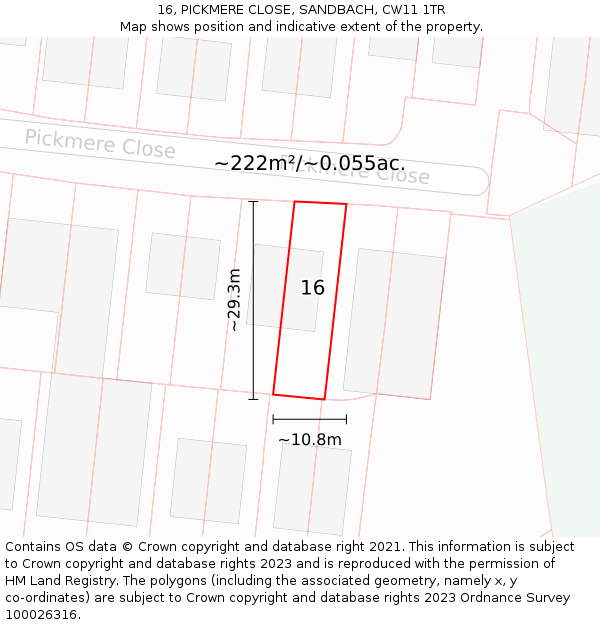 16, PICKMERE CLOSE, SANDBACH, CW11 1TR: Plot and title map