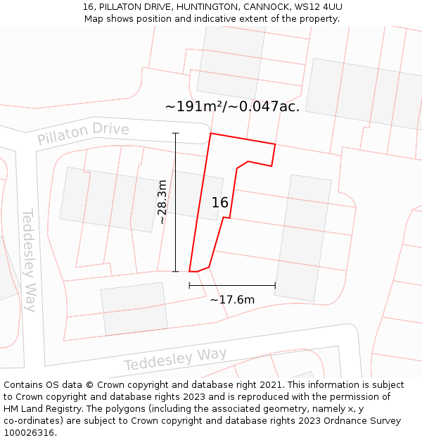 16, PILLATON DRIVE, HUNTINGTON, CANNOCK, WS12 4UU: Plot and title map