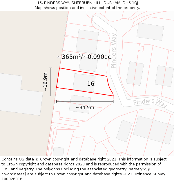 16, PINDERS WAY, SHERBURN HILL, DURHAM, DH6 1QJ: Plot and title map