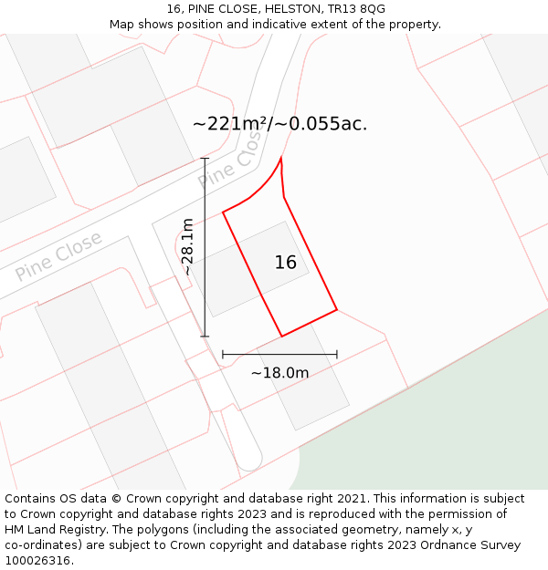 16, PINE CLOSE, HELSTON, TR13 8QG: Plot and title map