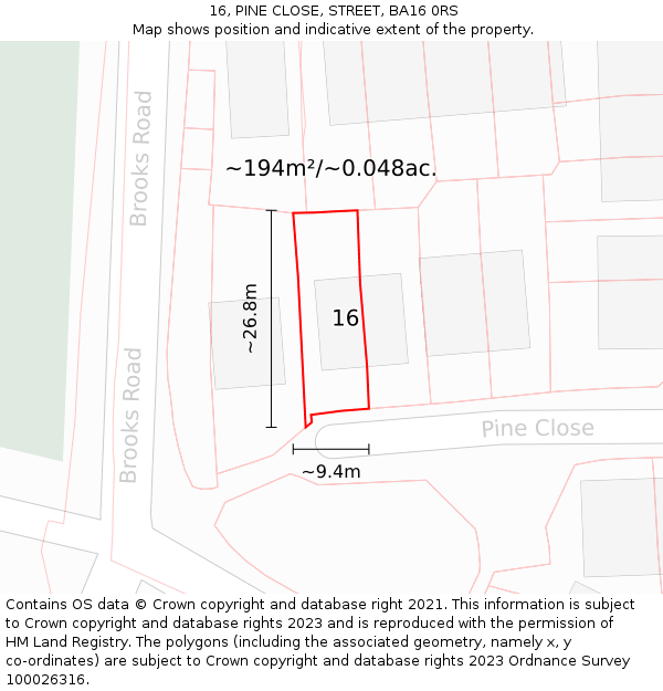 16, PINE CLOSE, STREET, BA16 0RS: Plot and title map