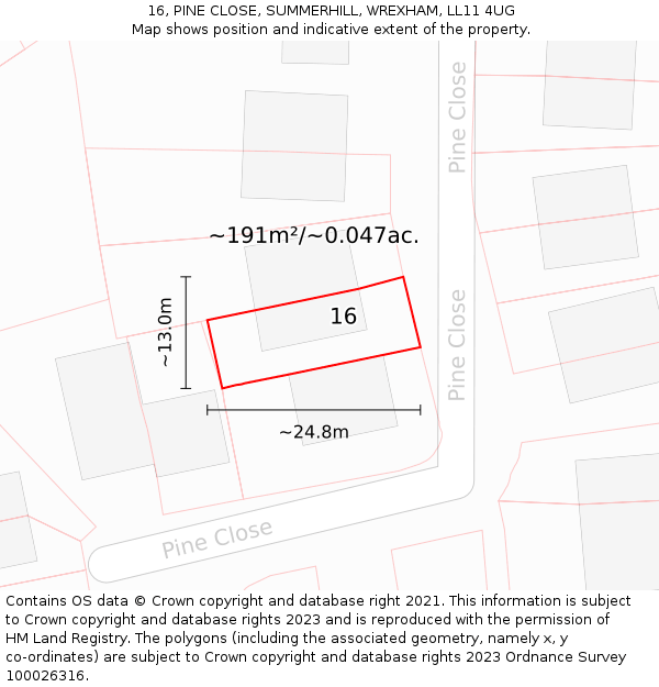 16, PINE CLOSE, SUMMERHILL, WREXHAM, LL11 4UG: Plot and title map