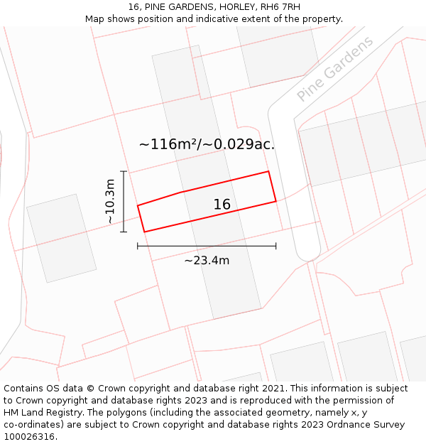 16, PINE GARDENS, HORLEY, RH6 7RH: Plot and title map