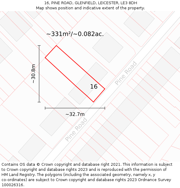 16, PINE ROAD, GLENFIELD, LEICESTER, LE3 8DH: Plot and title map