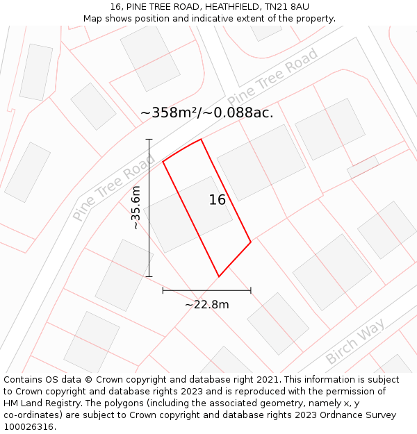 16, PINE TREE ROAD, HEATHFIELD, TN21 8AU: Plot and title map