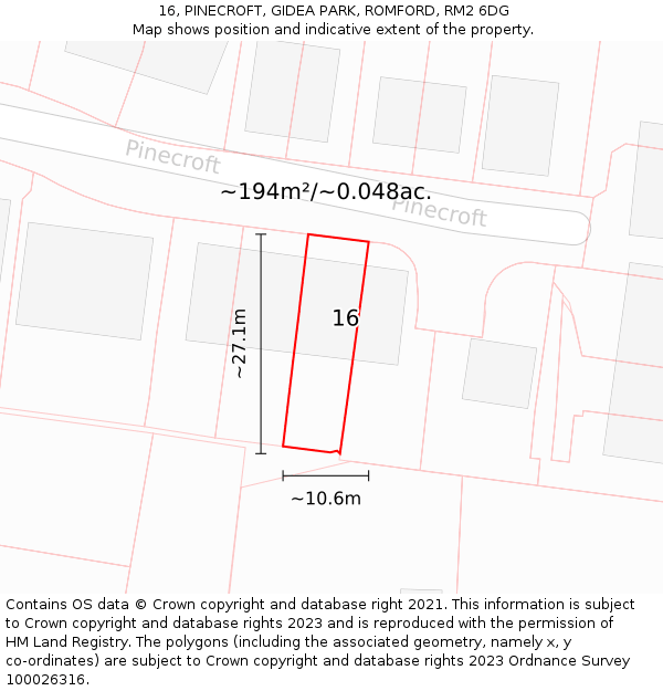 16, PINECROFT, GIDEA PARK, ROMFORD, RM2 6DG: Plot and title map