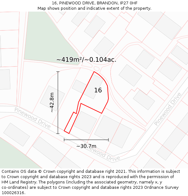16, PINEWOOD DRIVE, BRANDON, IP27 0HF: Plot and title map