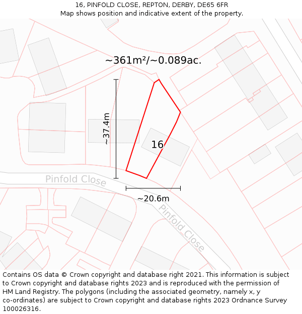16, PINFOLD CLOSE, REPTON, DERBY, DE65 6FR: Plot and title map