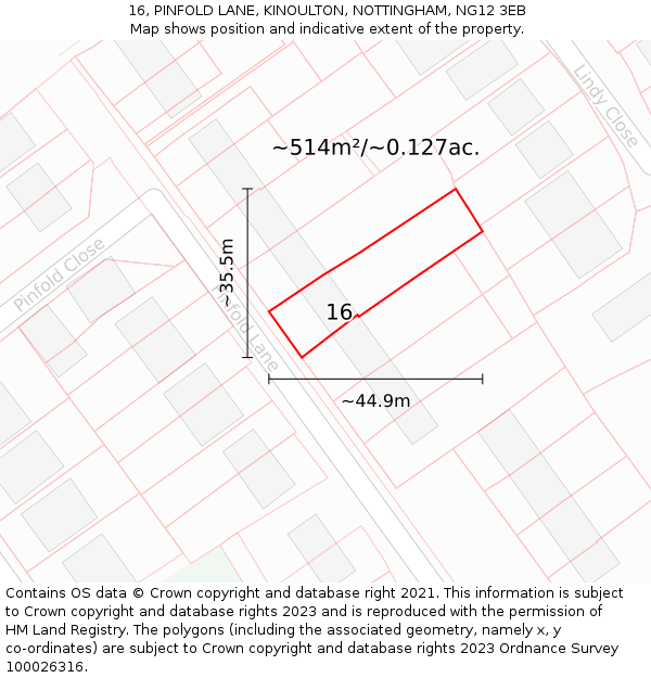 16, PINFOLD LANE, KINOULTON, NOTTINGHAM, NG12 3EB: Plot and title map