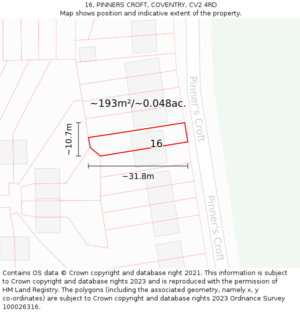 16, PINNERS CROFT, COVENTRY, CV2 4RD: Plot and title map
