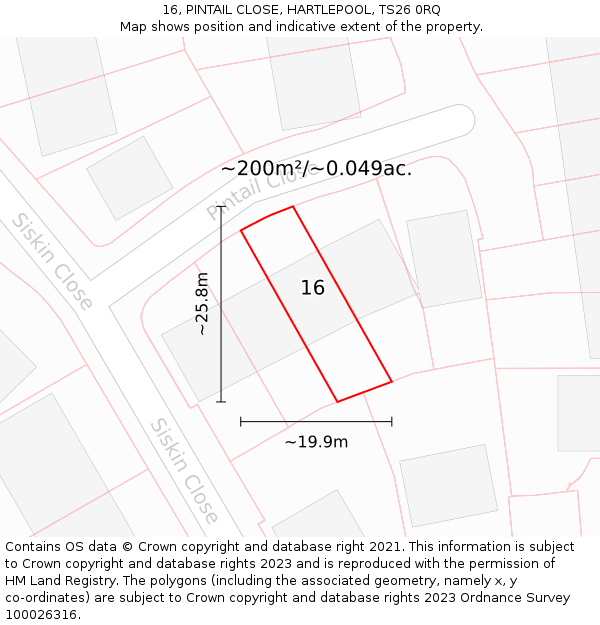 16, PINTAIL CLOSE, HARTLEPOOL, TS26 0RQ: Plot and title map