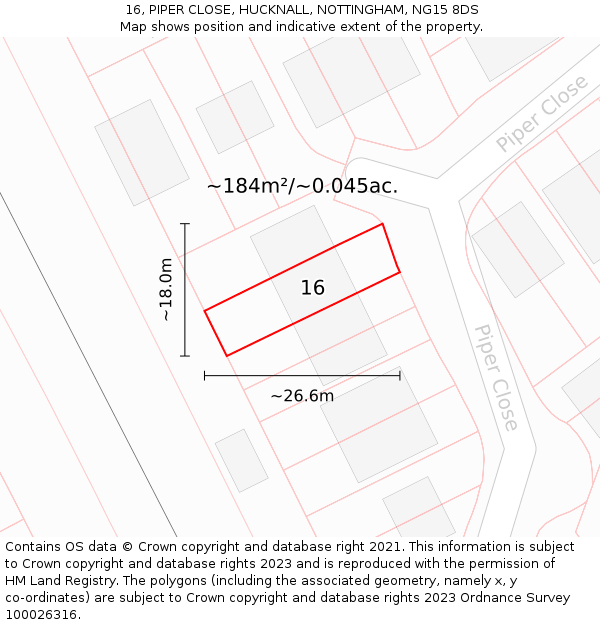 16, PIPER CLOSE, HUCKNALL, NOTTINGHAM, NG15 8DS: Plot and title map