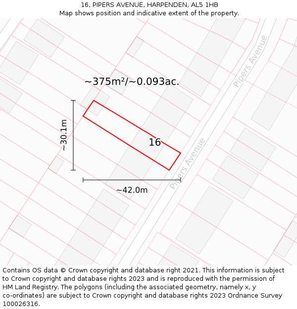 16, PIPERS AVENUE, HARPENDEN, AL5 1HB: Plot and title map