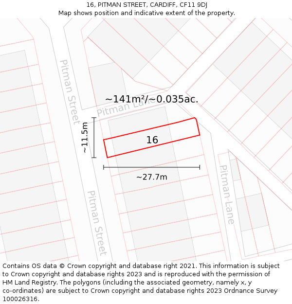 16, PITMAN STREET, CARDIFF, CF11 9DJ: Plot and title map