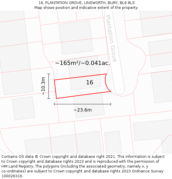 16, PLANTATION GROVE, UNSWORTH, BURY, BL9 8LS: Plot and title map