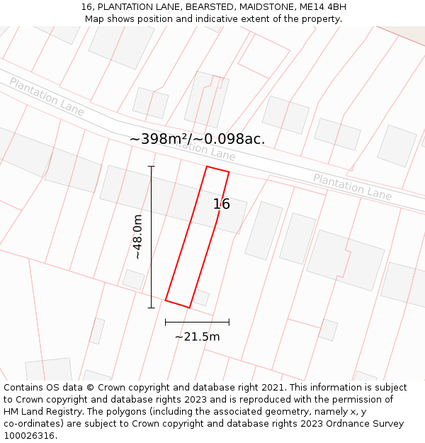 16, PLANTATION LANE, BEARSTED, MAIDSTONE, ME14 4BH: Plot and title map