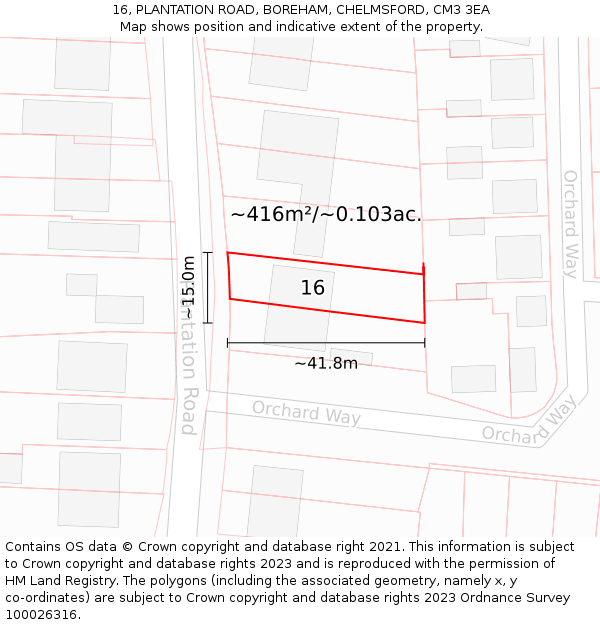 16, PLANTATION ROAD, BOREHAM, CHELMSFORD, CM3 3EA: Plot and title map