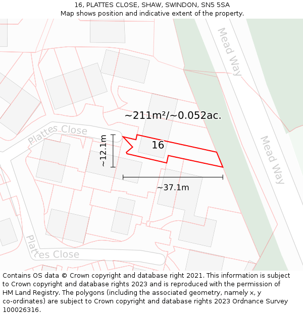 16, PLATTES CLOSE, SHAW, SWINDON, SN5 5SA: Plot and title map