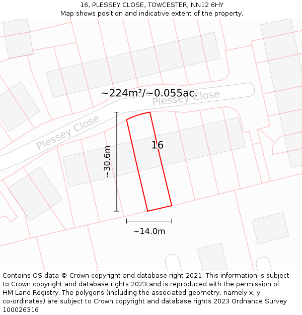 16, PLESSEY CLOSE, TOWCESTER, NN12 6HY: Plot and title map
