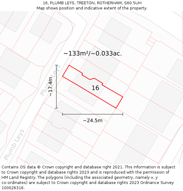 16, PLUMB LEYS, TREETON, ROTHERHAM, S60 5UH: Plot and title map