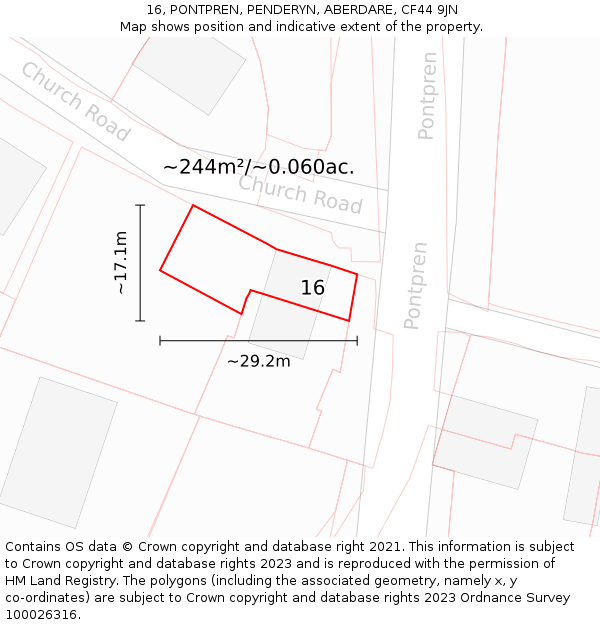 16, PONTPREN, PENDERYN, ABERDARE, CF44 9JN: Plot and title map