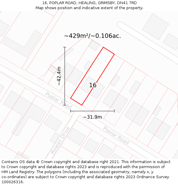 16, POPLAR ROAD, HEALING, GRIMSBY, DN41 7RD: Plot and title map