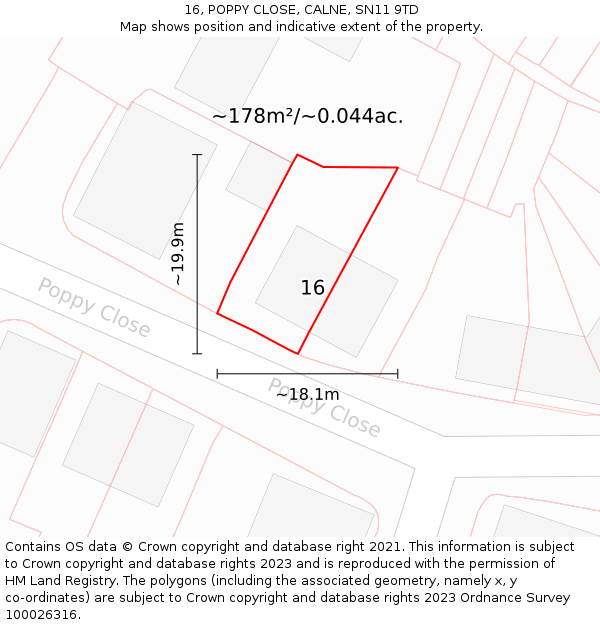 16, POPPY CLOSE, CALNE, SN11 9TD: Plot and title map