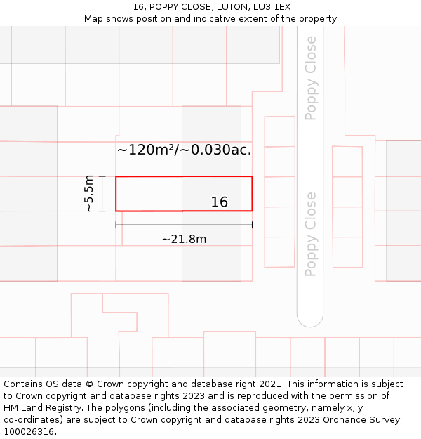 16, POPPY CLOSE, LUTON, LU3 1EX: Plot and title map
