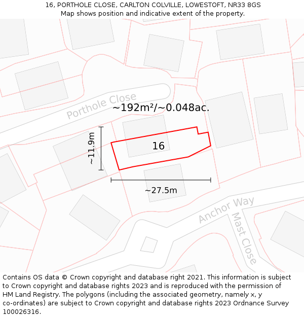 16, PORTHOLE CLOSE, CARLTON COLVILLE, LOWESTOFT, NR33 8GS: Plot and title map