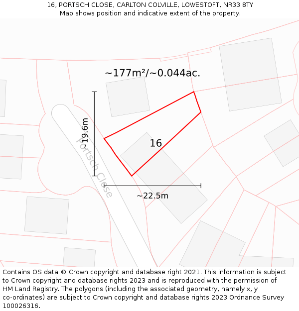 16, PORTSCH CLOSE, CARLTON COLVILLE, LOWESTOFT, NR33 8TY: Plot and title map