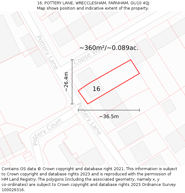 16, POTTERY LANE, WRECCLESHAM, FARNHAM, GU10 4QJ: Plot and title map