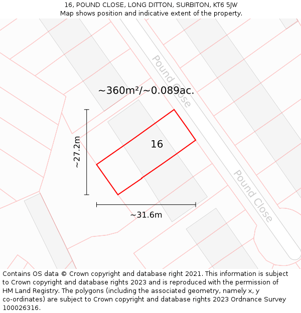 16, POUND CLOSE, LONG DITTON, SURBITON, KT6 5JW: Plot and title map