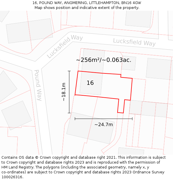 16, POUND WAY, ANGMERING, LITTLEHAMPTON, BN16 4GW: Plot and title map