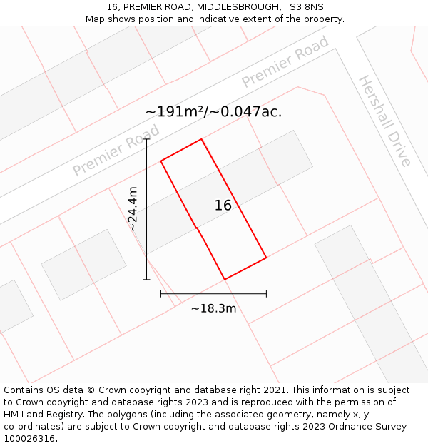 16, PREMIER ROAD, MIDDLESBROUGH, TS3 8NS: Plot and title map