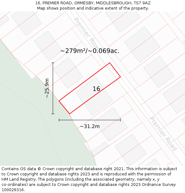 16, PREMIER ROAD, ORMESBY, MIDDLESBROUGH, TS7 9AZ: Plot and title map